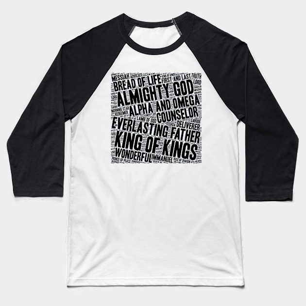 Names of Jesus Word Cloud Scripture Art Baseball T-Shirt by BubbleMench